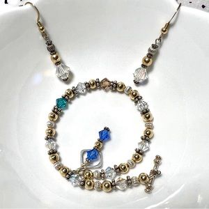 Gold, Silver and Crystal Bead Bracelet & Earrings